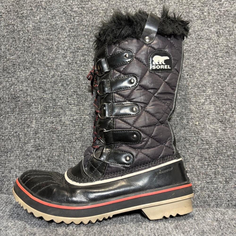 Sorel Black Quilted Waterproof Winter Snow Boots Faux Fur Trim Women 7 Mid Calf